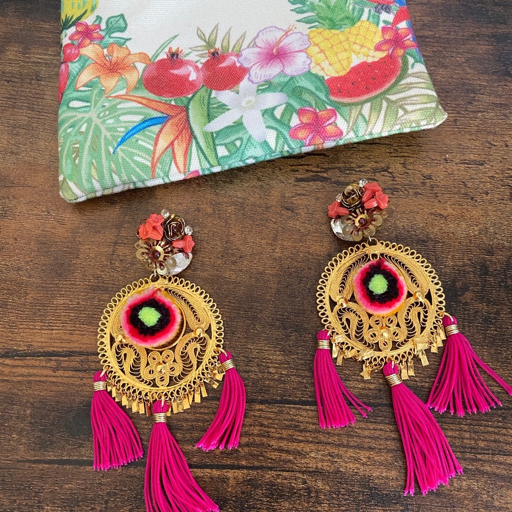 Mercedes Salazar Gold and Red Tassel Pom Pom Flora